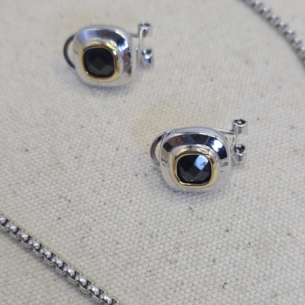 Silver Tone Black Faceted Stone Necklace & Pierced Earrings Set Gold Tone Accent - Picture 7 of 13